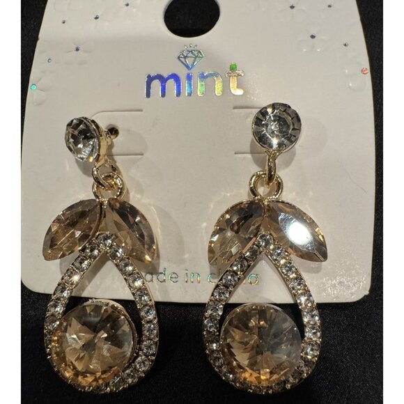 Mint Faux Amber Gold Crystal Rhinestone Earrings Party Wedding Cruise NEW - Picture 1 of 5